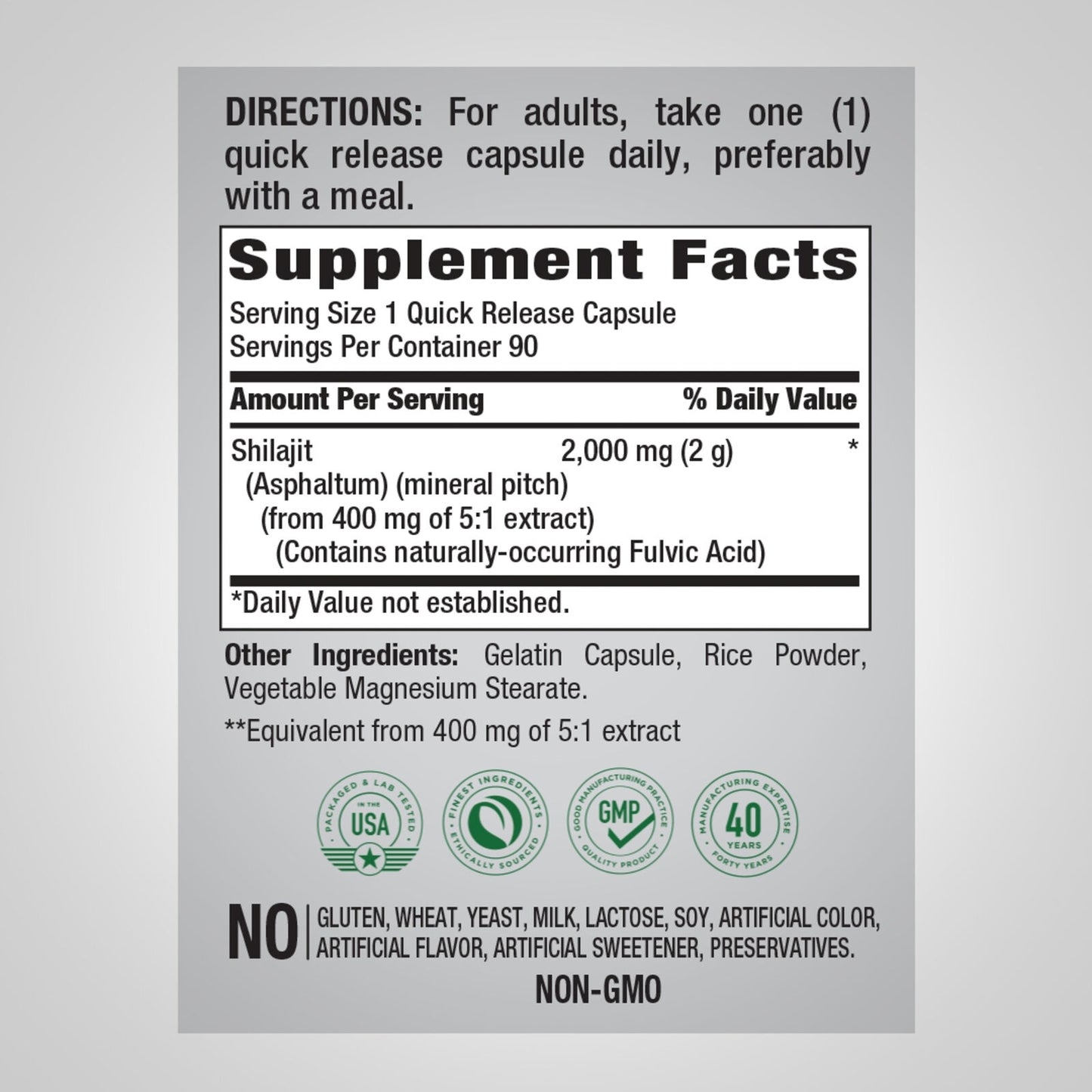 Pure Shilajit 2000mg 90 Caps Naturally Occurring Fulvic Acid Non GMO/No Gluten