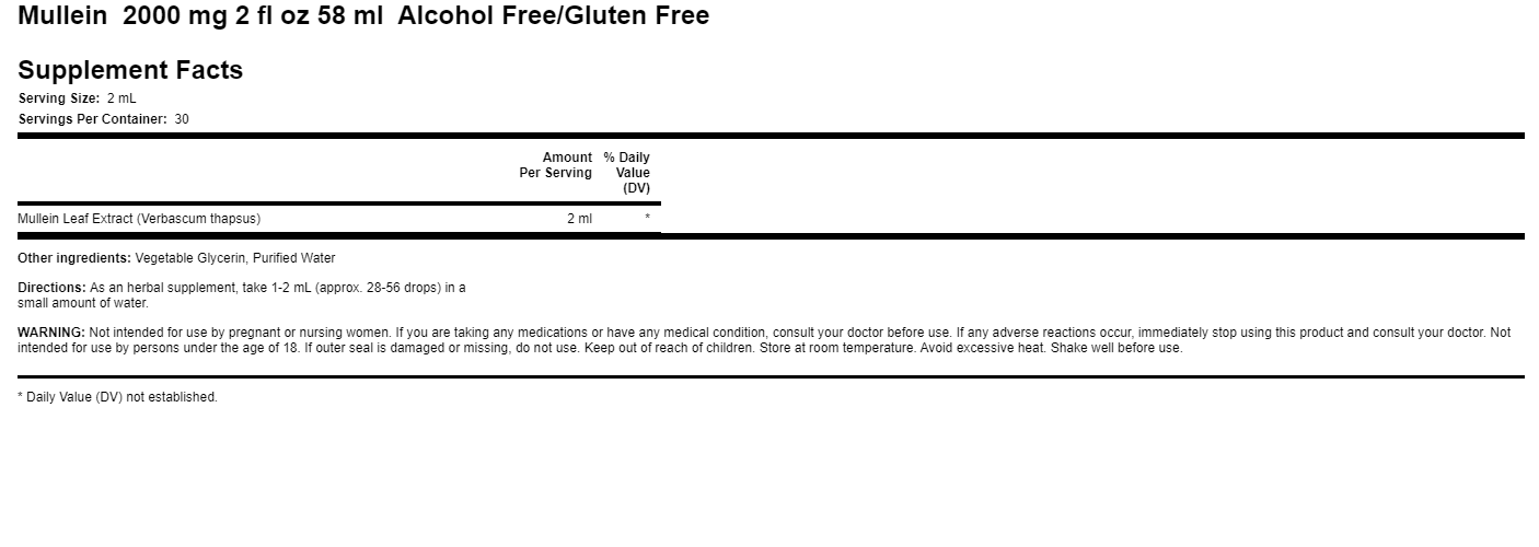 Mullein 2000 mg 2 fl oz 58 ml Alcohol Free/Gluten Free/Non GMO