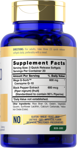 CoQ10 600mg 60gels Enhanced Absorption Non-GMO/Gluten Free/No Preservatives