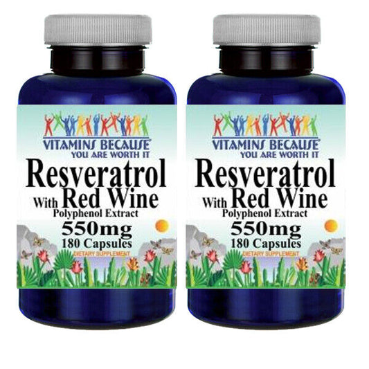 Resveratrol with Red Wine 550mg Polyphenol Extract 2X180 Caps Vitamins Because