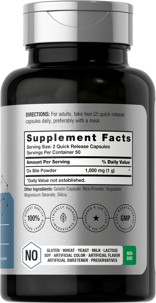 Ox Bile 1000mg 100 Caps Digestive Enzymes Non GMO/Gluten Free/No Preservatives