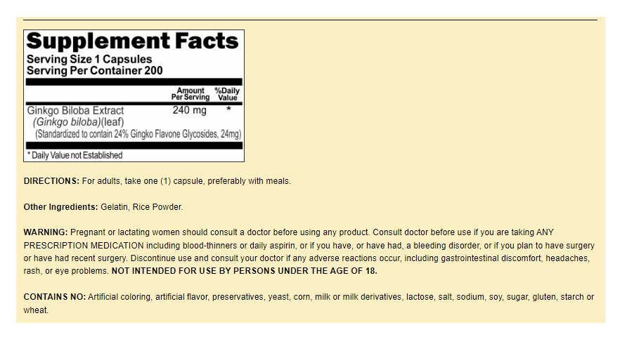 Ginkgo Biloba Extract 240mg, 200 Caps Gluten Free/No Preservatives