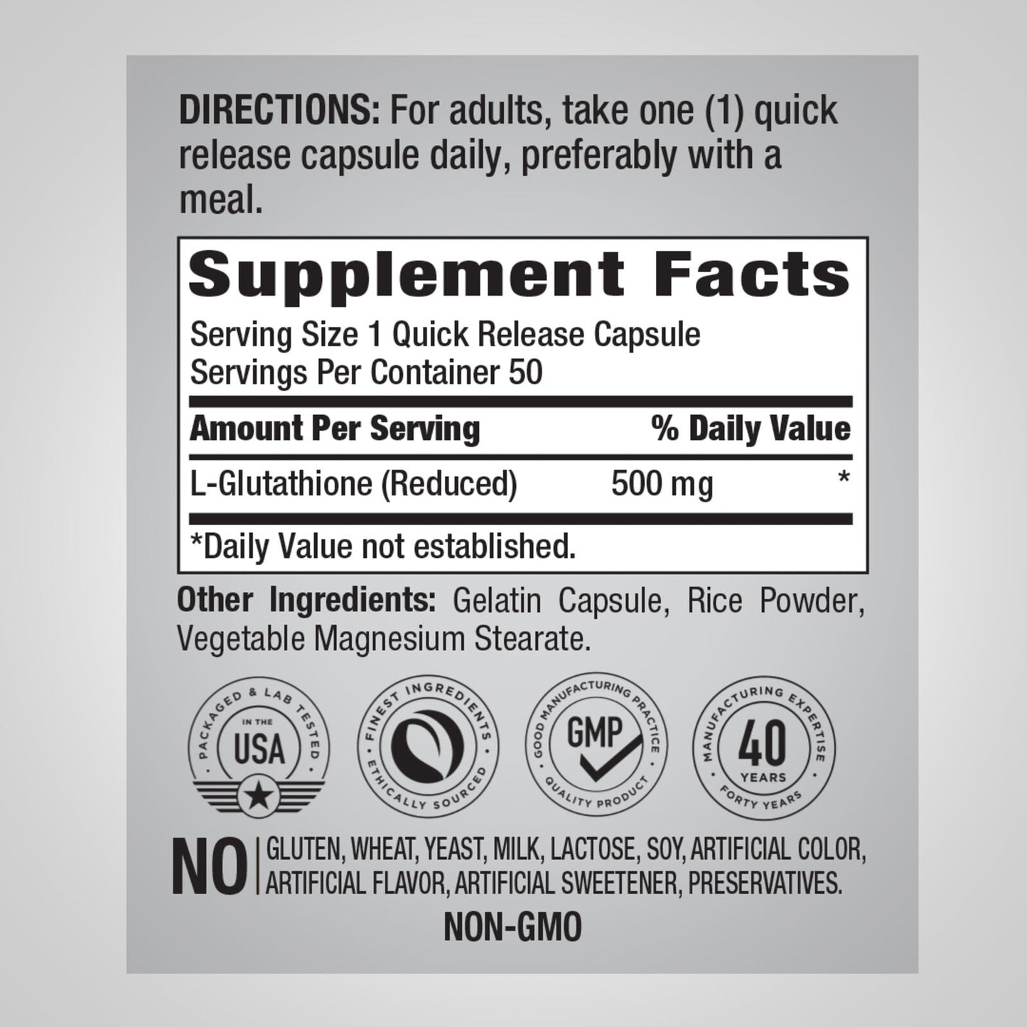 L-Glutathione 500mg 50 Caps Reduced No Gluten/Non GMO