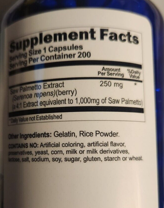Saw Palmetto 1000mg 200 Caps No Gluten/No Preservatives/No Corn/No Lactose