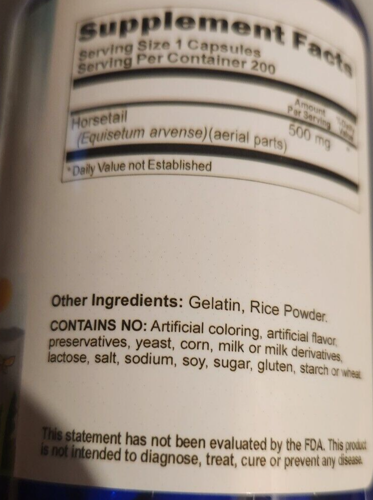 Silica 500mg 200 Caps from Horsetail Extract Equisetum Arvensa