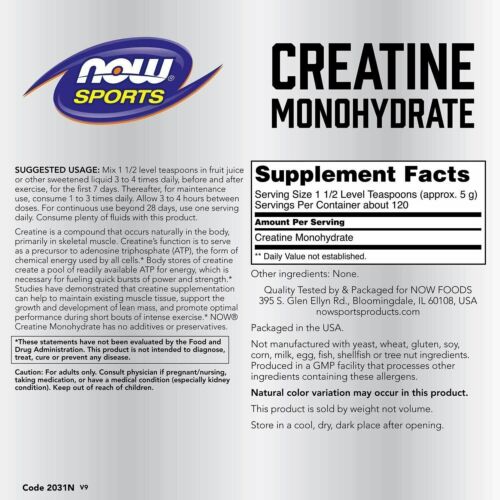 Now Foods Pure Creatine Monohydrate 600Gram Powd Kosher/Non GMO/ Cratine 5000mg