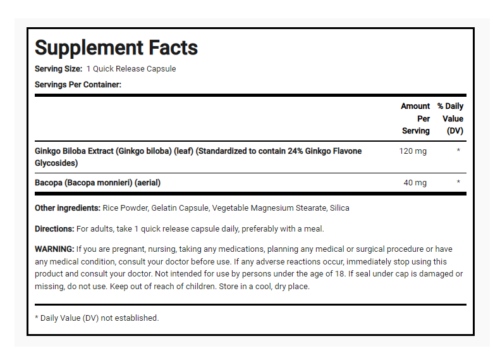 Ginkgo Biloba 120mg 200 Caps 24% Ginkgo Flavone Non GMO/Gluten Fee Bacopa 40mg