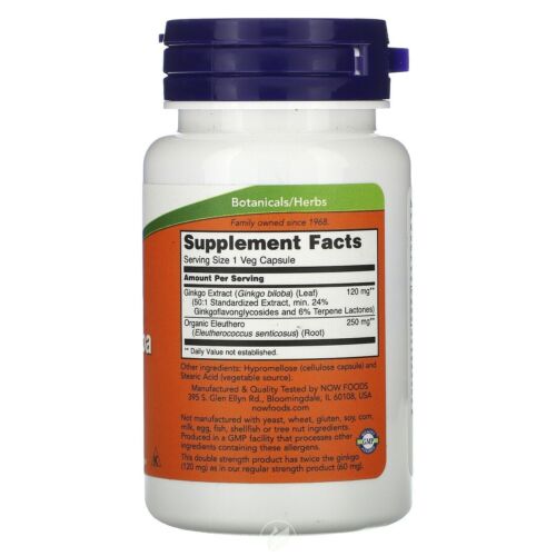 Ginkgo Biloba 120mg 100caps Now Foods Eleuthero 250mg Kosher/Vegan Non GMO