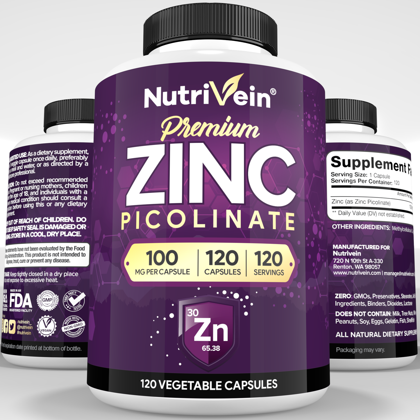 Nutrivein Premium Zinc Picolinate 100mg - 120 Capsules