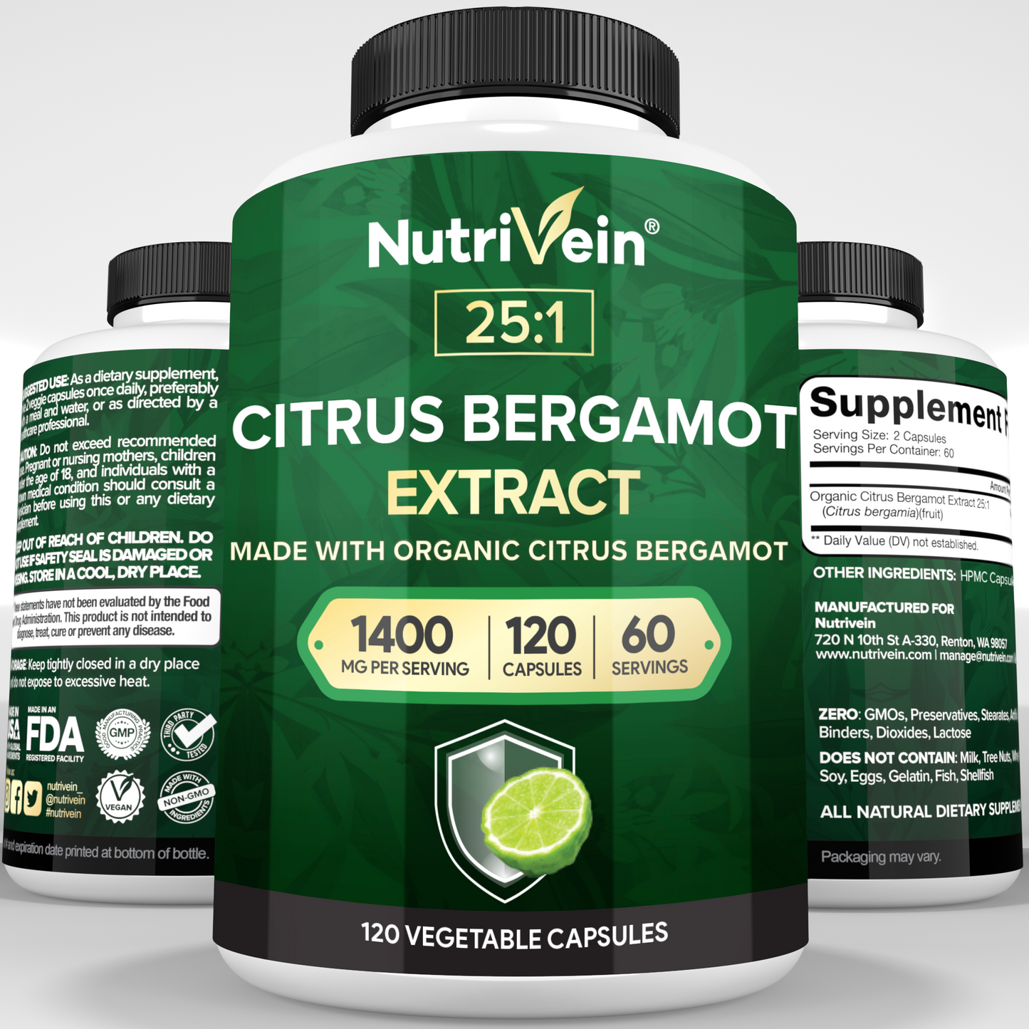 Nutrivein Premium Citrus Bergamot Supplement 1400mg 25:1 Bergamia Extract - 60 Day Supply - 120 Capsules