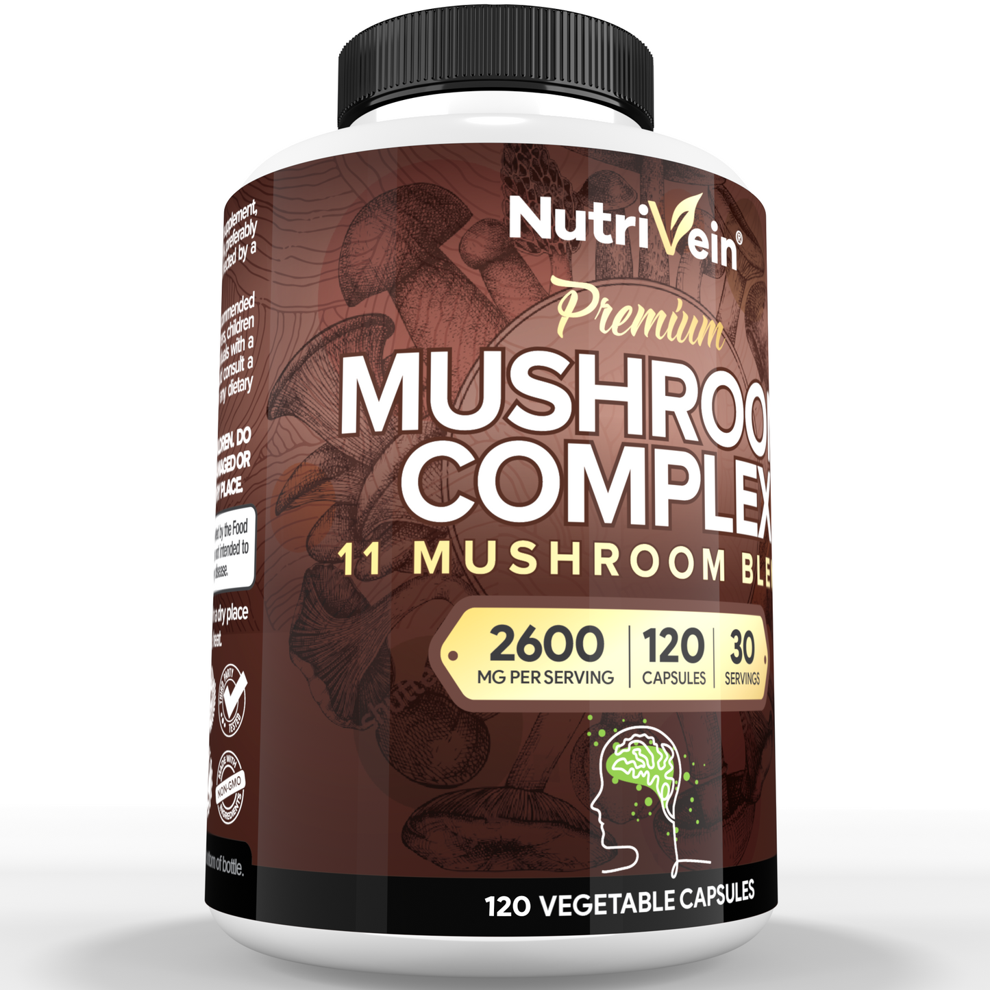 Nutrivein Premium Mushroom Supplement 2600 mg- Bottle 120 Capsules