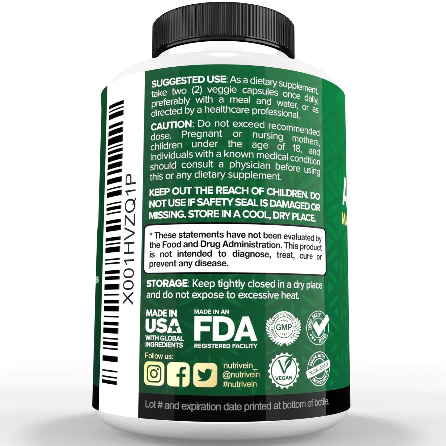 Nutrivein Premium Ashwagandha Supplement 1600mg - 120 Capsules