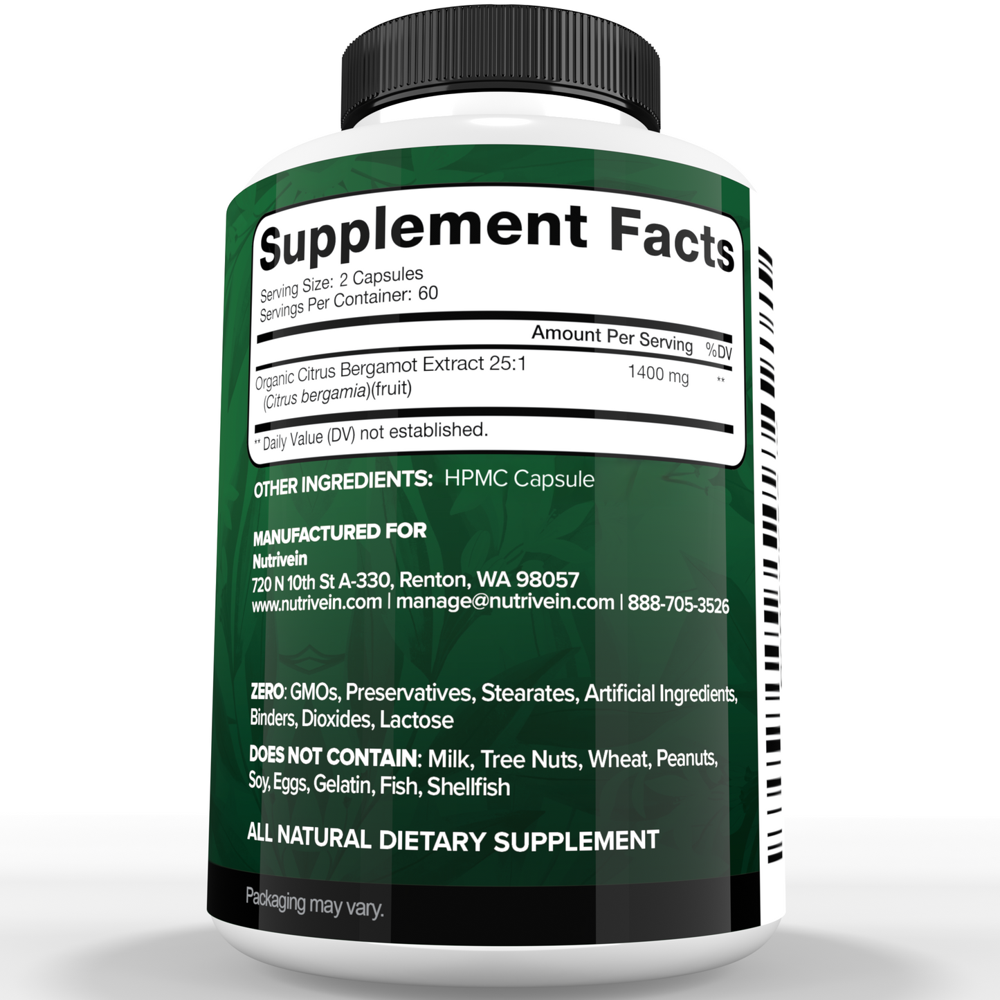 Nutrivein Premium Citrus Bergamot Supplement 1400mg 25:1 Bergamia Extract - 60 Day Supply - 120 Capsules
