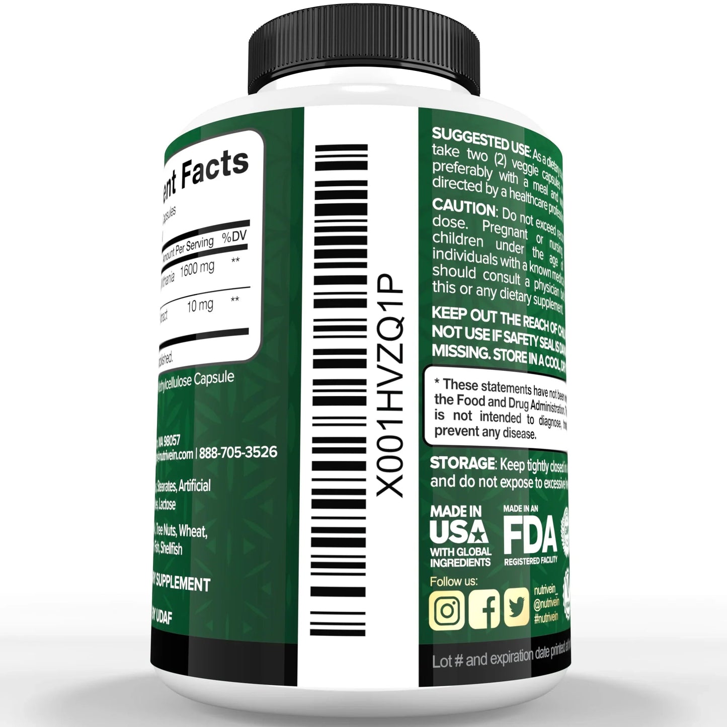 Nutrivein Premium Ashwagandha Supplement 1600mg - 120 Capsules