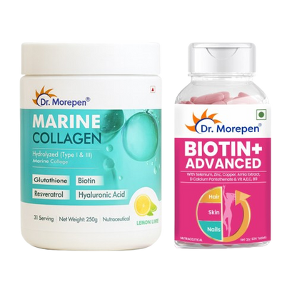 Dr. Morepen Biotin+ Advanced Tablets & DR. Morepen Marine Collagen Powder with Glutathione, Hyaluronic Acid, Resveratrol & Biotin Lemon Lime Flavour - Combo
