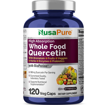 NusaPure Quercetin with Bromelain 500mg |120 Veggie Caps | 43 Fruit Veggie Grain Herbs Enzyme Probiotic Blend | Non-GMO, Vegan, Bioperine
