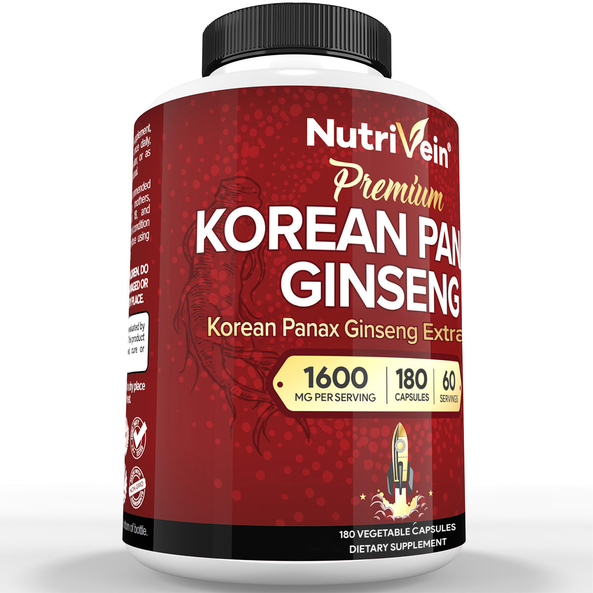 Nutrivein Korean Red Panax Ginseng 1600mg – Extra Strength Formula - 180 Capsules