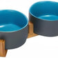 SPUNKYJUNKY Ceramic Dog and Cat Bowl Set with Wooden Stand, Modern Cute Weighted Food Water Set for Small Size Dogs (13.5OZ) & Medium Sized Dogs (28.7OZ) & Cats (3.6 Cups, 2 × Blue-Grey)