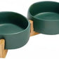 SPUNKYJUNKY Ceramic Dog and Cat Bowl with Wood Stand Non-Slip Matte Glaze Weighted Food Water Set for Cats &Small Dogs 13.5 OZ Green