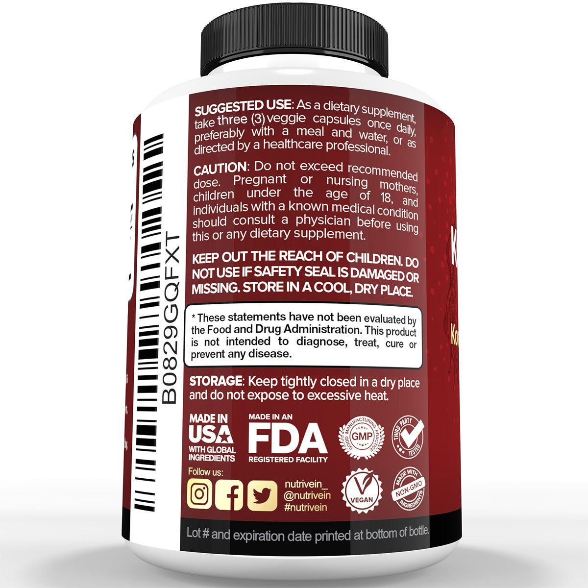 Nutrivein Korean Red Panax Ginseng 1600mg – Extra Strength Formula - 180 Capsules
