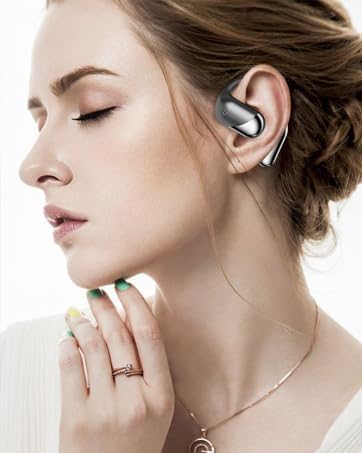 Open Ear Clip Wireless Earbuds Bone Conduction Headphones, Bluetooth 5.4, Open Ear Design, Built-in Mic, IPX7 Waterproof, LED Display Charging Case,Ear Hooks Ear Buds,Design for Running Fitness