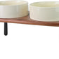 SPUNKYJUNKY Ceramic Elevated Dog Bowls Raised with Acacia Bamboo Wooden Stand, 8.3'' Dog Food Water Bowls Set Non-Slip for Medium Large Sized Breed Microwave Dishwasher Safe - 60 OZ,Beige