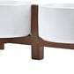 SPUNKYJUNKY Acacia Wood Stand Dog Bowl Set Raised, Ceramic Dog Food & Water Bowl for Medium Dogs (28.74 OZ, White)