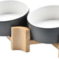 SPUNKYJUNKY 15° Slanted Ceramic Dog and Cat Bowl with Wooden Stand, Tilted Bulldog Food and Water Bowl No Slip Non-Spill for Cats Medium Dogs Big Face Pets 13.5 OZ (1.7 Cups, White-Grey × 2)