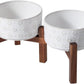 SPUNKYJUNKY Ceramic Dog Bowls Dog Bowl Set with Acacia Wood Stand Raised Dog Bowl Dog Food and Water Bowl for Small Medium Sized Dog (Deep, 15.5cm)