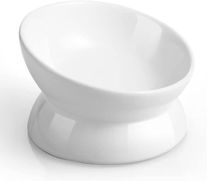 YINGFAN Elevated Cat Bowls, 5oz Ceramic Raised Cat Bowl for Cats/Kittens with Tilted Design, Porcelain Cats Feeding Dishes for Food/Water, Anti Vomit, Microwave & Dishwasher Safe (Light White)