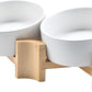 SPUNKYJUNKY 15° Slanted Ceramic Dog and Cat Bowl with Wooden Stand, Tilted Bulldog Food and Water Bowl No Slip Non-Spill for Cats Medium Dogs Big Face Pets 13.5 OZ (1.7 Cups, White × 2)