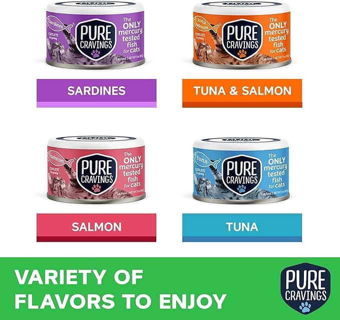 Wet Cat Food Variety Pack Tuna, Salmon, Sardines, Tuna/Salmon in Gravy, 100% Mercury-Tested, Moist Can Fish for Cats, Grain-Free, Protein, Non-GMO, Pack of 12