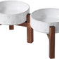 SPUNKYJUNKY Ceramic Dog Bowls Dog Bowl Set with Acacia Wood Stand Raised Dog Bowl Dog Food and Water Bowl for Small Medium Sized Dog (Shallow, 15.5cm)