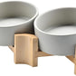 SPUNKYJUNKY 15° Slanted Ceramic Dog and Cat Bowl with Wooden Stand, Tilted Bulldog Food and Water Bowl No Slip Non-Spill for Cats Medium Dogs Big Face Pets 13.5 OZ (1.7 Cups, Grey × 2)
