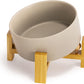 SPUNKYJUNKY 15° Slanted Ceramic Dog and Cat Bowl with Wooden Stand, Tilted Bulldog Food and Water Bowl No Slip Non-Spill for Cats Medium Dogs Big Face Pets 28.7 OZ (3.6 Cups, Grey)