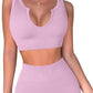 QINSEN Workout Outfits for Women 2 Piece Ribbed Seamless Crop Tank High Waist Yoga Leggings Sets