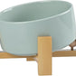 SPUNKYJUNKY 15° Slanted Ceramic Dog and Cat Bowl with Wooden Stand, Tilted Bulldog Food and Water Bowl No Slip Non-Spill for Cats Medium Dogs Big Face Pets 28.7 OZ (3.6 Cups, Morandi Green)