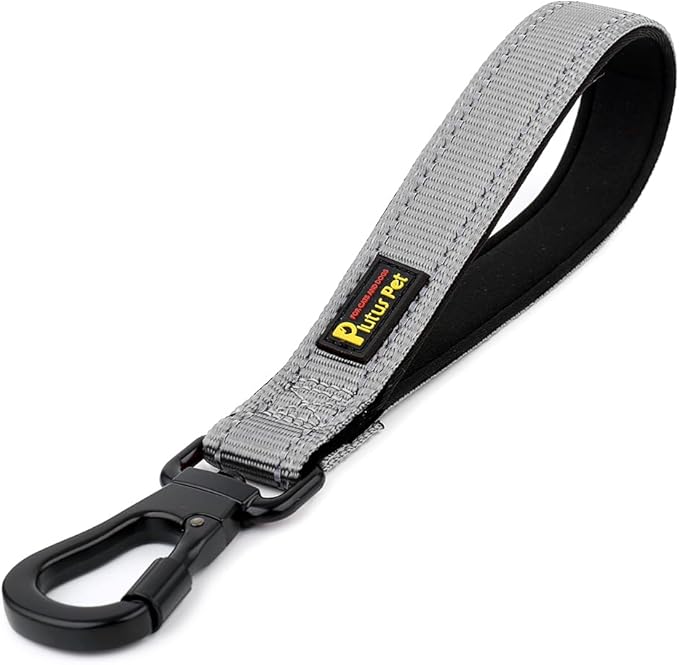 PLUTUS PET Short Dog Leash, Reflective Nylon Padded Handle, Strong Traffic Leash with Carabiner Clip, Perfect for Large or Medium Dogs (10”，Gray)