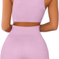 QINSEN Workout Outfits for Women 2 Piece Ribbed Seamless Crop Tank High Waist Yoga Leggings Sets