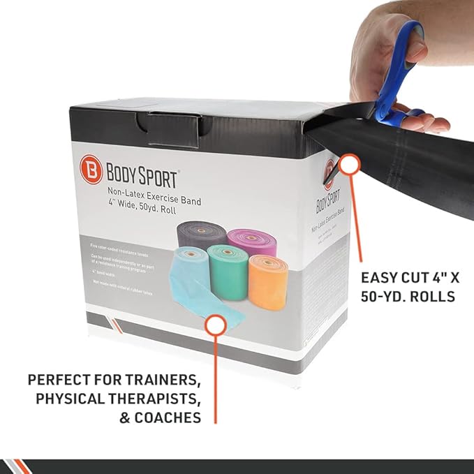 Body Sport Exercise Band, 50 yd. x 4 in. Roll, Medium Resistance - Home & Gym Fitness Equipment for Stretching, Strength Training & Physical Therapy (Orange)