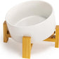 SPUNKYJUNKY 15° Slanted Ceramic Dog and Cat Bowl with Wooden Stand, Tilted Bulldog Food and Water Bowl No Slip Non-Spill for Cats Medium Dogs Big Face Pets 28.7 OZ (3.6 Cups, White)