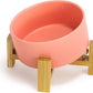 SPUNKYJUNKY 15° Slanted Ceramic Dog and Cat Bowl with Wooden Stand, Tilted Bulldog Food and Water Bowl No Slip Non-Spill for Cats Medium Dogs Big Face Pets 28.7 OZ (3.6 Cups,Pink)