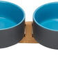 SPUNKYJUNKY Ceramic Dog and Cat Bowl Set with Wooden Stand, Modern Cute Weighted Food Water Set for Small Size Dogs (13.5OZ) & Medium Sized Dogs (28.7OZ) & Cats (1.7 Cups, 2 × Blue-Grey)