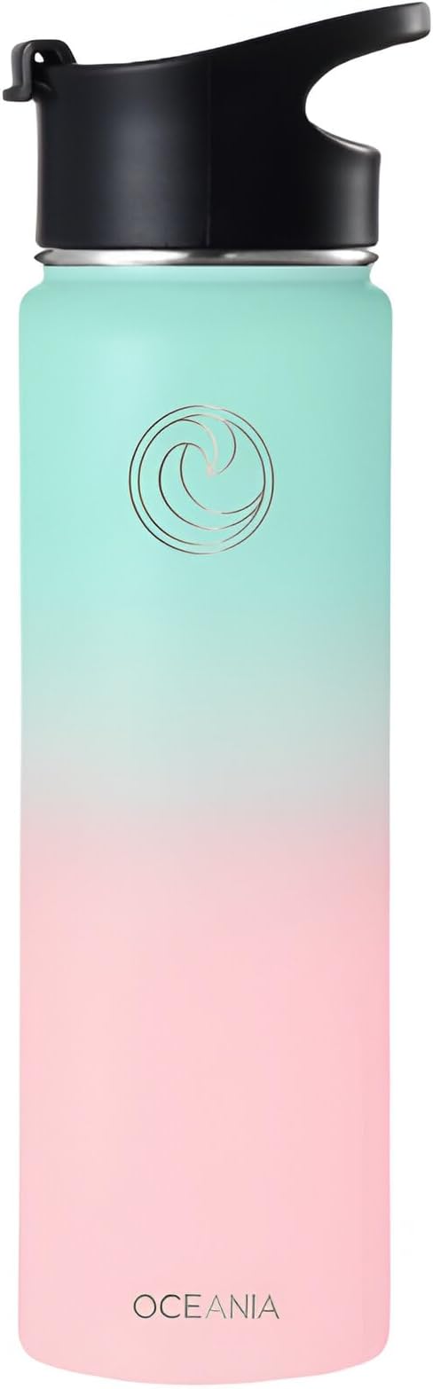 Oceania Wide Mouth 22oz Candy Floss Flask 22oz Stainless Steel Sports Water Bottle | Leakproof, BPA-Free, Insulated with 3 Lids, 3 Straws & 2 Straw Cleaning Brushes | Full Hydration Pack