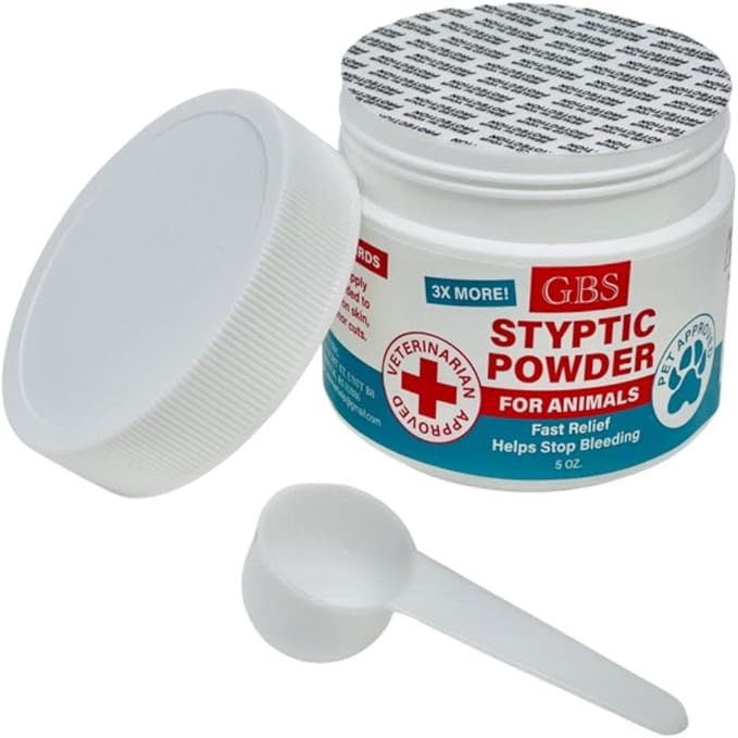 G.B.S 5 oz Styptic Powder for Dogs, Cats & Birds – Quick Blood Clotting for Nail Clipping, Minor Cuts, Tail Docking & Wing Clipping – Pet First Aid Hemostatic Powder with Sealed Top & Scoop