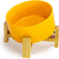 SPUNKYJUNKY 15° Slanted Ceramic Dog and Cat Bowl with Wooden Stand, Tilted Bulldog Food and Water Bowl No Slip Non-Spill for Cats Medium Dogs Big Face Pets 28.7 OZ (3.6 Cups, Yellow)