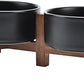 SPUNKYJUNKY Ceramic Dog Bowls with Acacia Wood Stand - Raised Dog Food and Water Bowl Set for Small Dogs (13.52 OZ, Black)