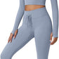 QINSEN Workout Sets for Women 2 Piece Seamless Long Sleeve Crop Tops Ribbed High Waist Leggings