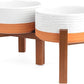 SPUNKYJUNKY Ceramic Elevated Dog Bowl Set with Acacia Wood Stand for Food and Water for Small Medium Sized Dog (28.74 OZ, White and Reddish Brown)