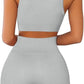 QINSEN Workout Outfits for Women 2 Piece Ribbed Seamless Crop Tank High Waist Yoga Leggings Sets
